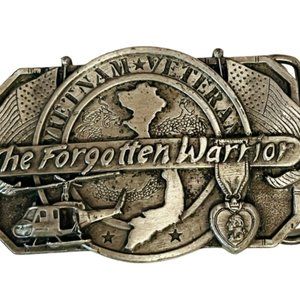 Belt Buckle vtg silver pewter brass Bergamot Siskiyou Vietnam Forgotten Warrior